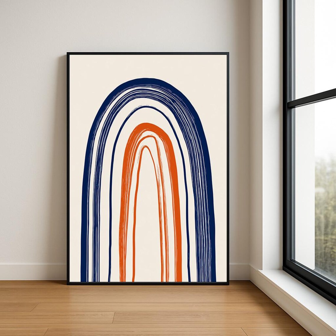 Japandi Blue And Orange Brushstroke Arch Abstract Modern Poster Artwork