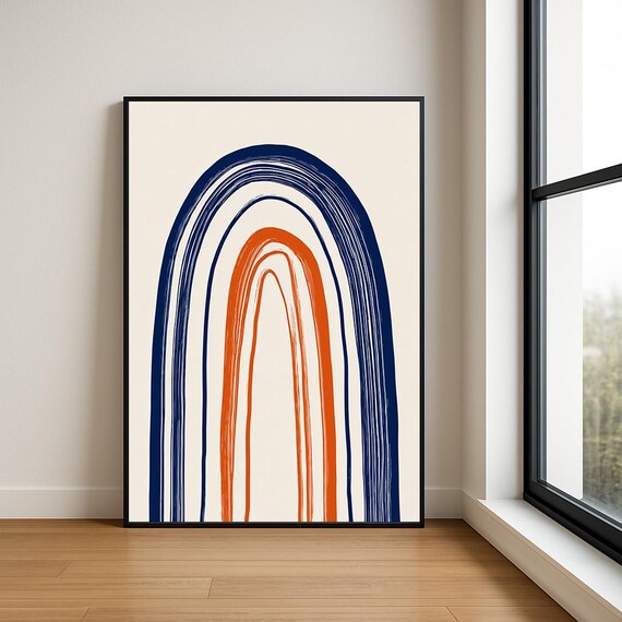 Japandi Blue And Orange Brushstroke Arch Abstract Modern Poster Artwork