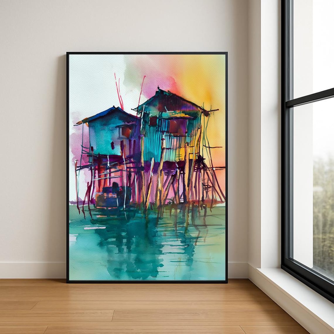 Stilt Houses Fishing Village Sunset Vibrant Watercolor Art Poster