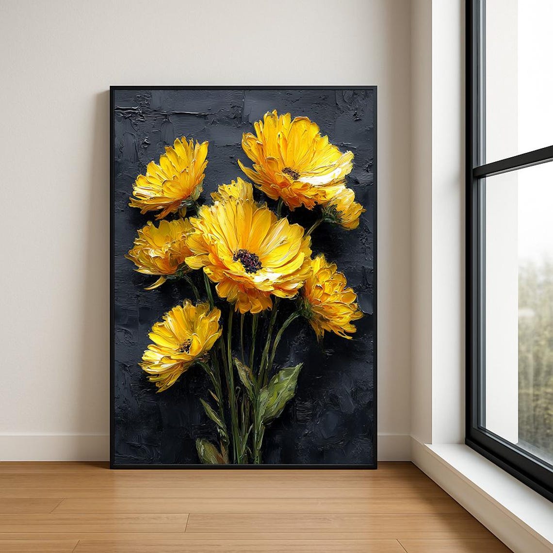 Golden Yellow Calendula Blooms on Black Impasto Floral Art Poster