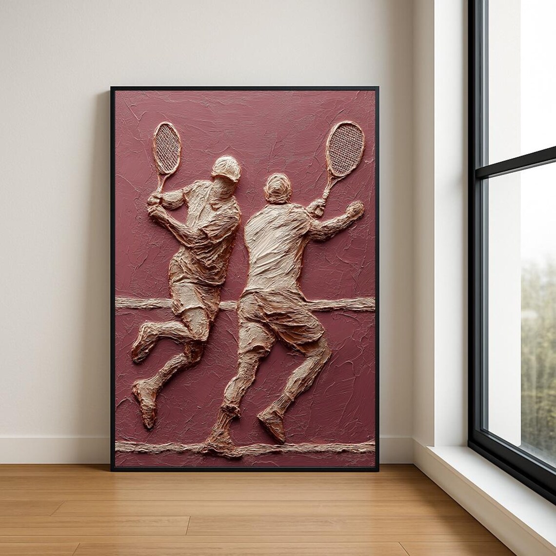 Tennis Doubles Players Cream Relief Dusty Rose Sports Wall Art