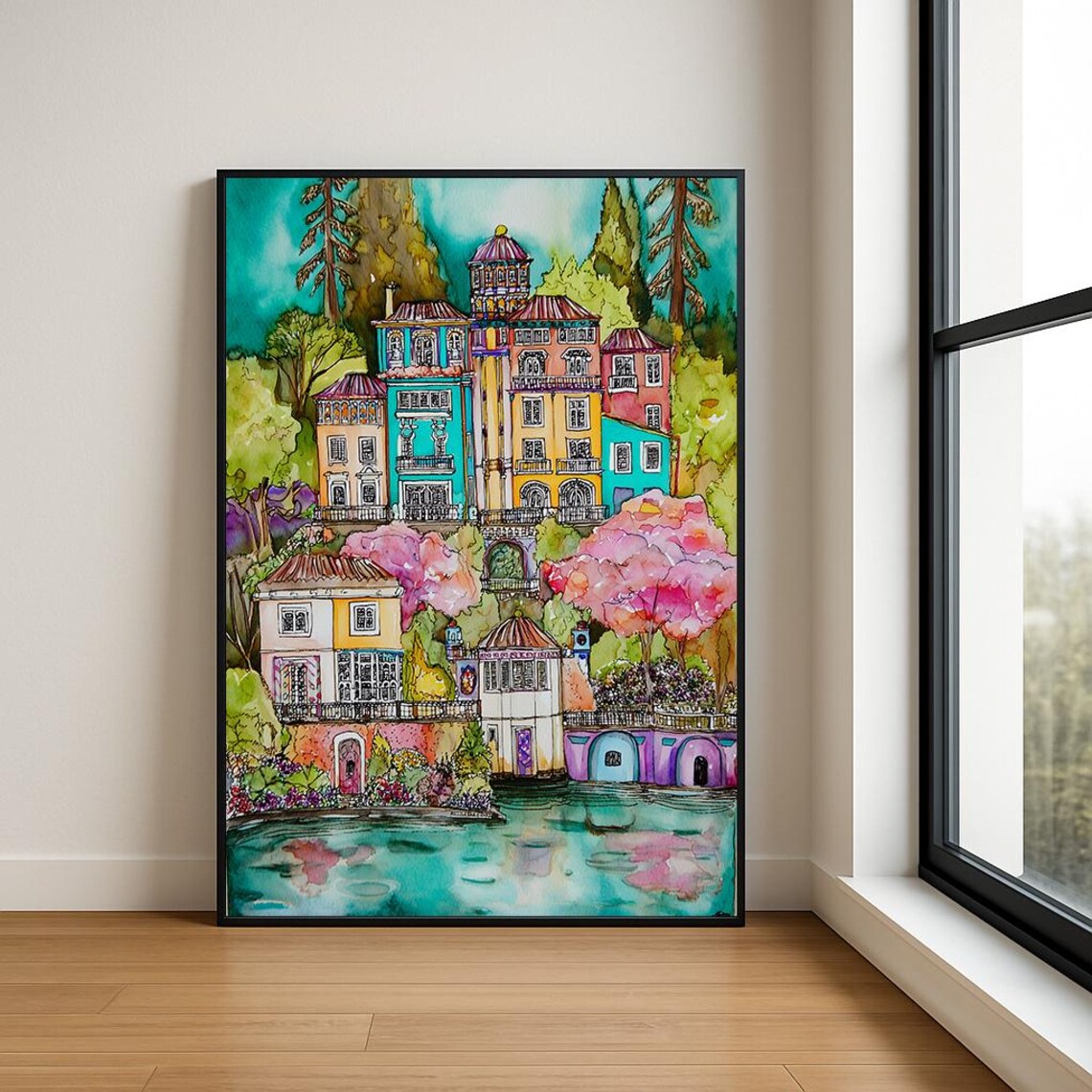 Colorful European Hilltop Village Palaces Whimsical Watercolor Poster