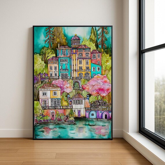 Colorful European Hilltop Village Palaces Whimsical Watercolor Poster