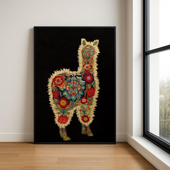 Colourful Embroidered Animal Wall Art Boho Illustration Print Vibrant Textile Style Home Decor