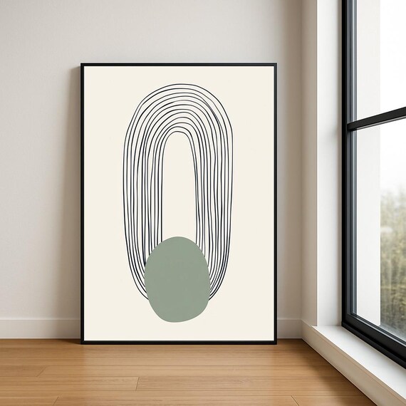 Japandi Arch Line Art With Sage Green Circle Minimalist Print