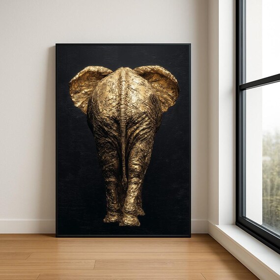 Golden Elephant Back View Textured Black Gold Luxury Art Poster