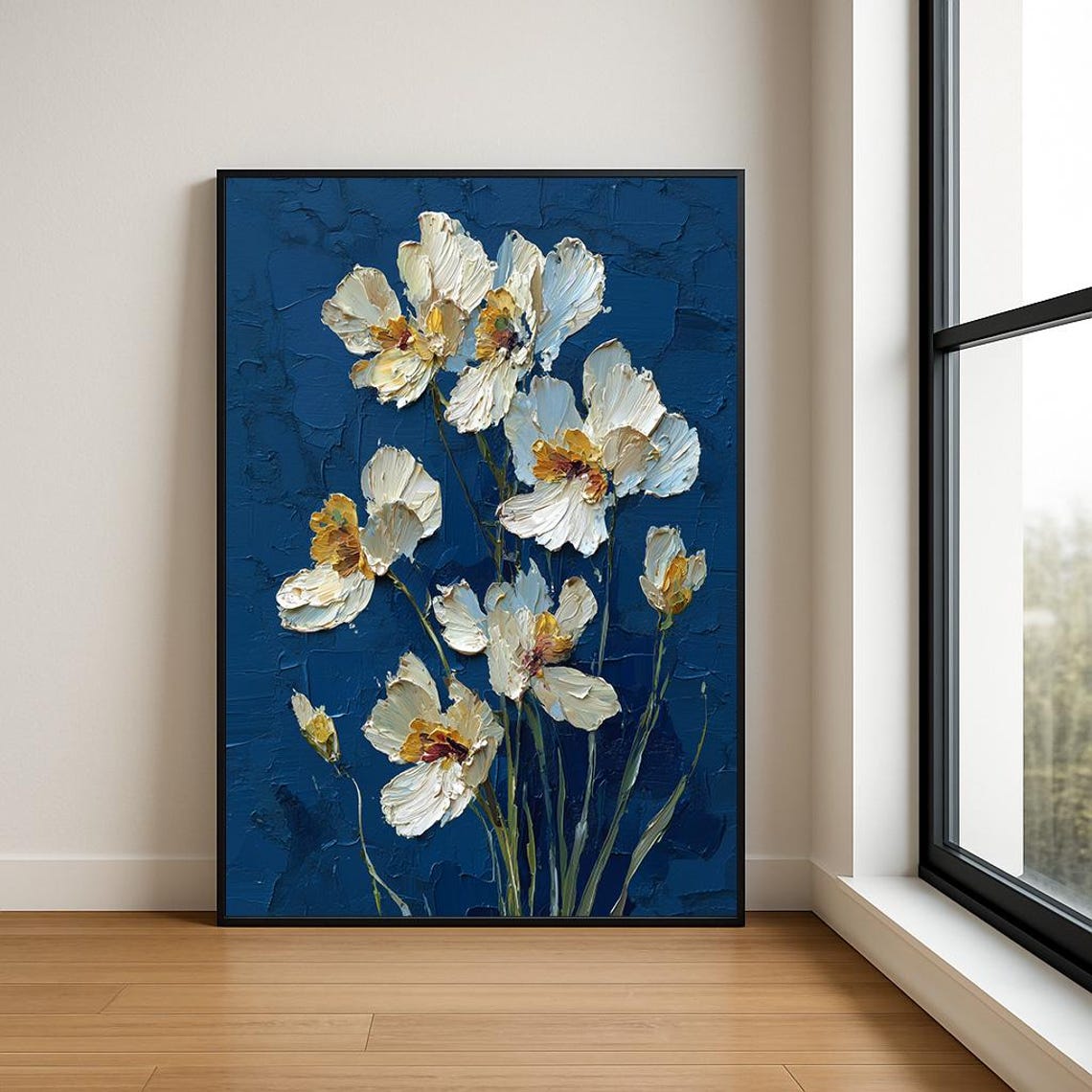 White Poppy Blossoms on Deep Navy Impasto Oil Painting Poster