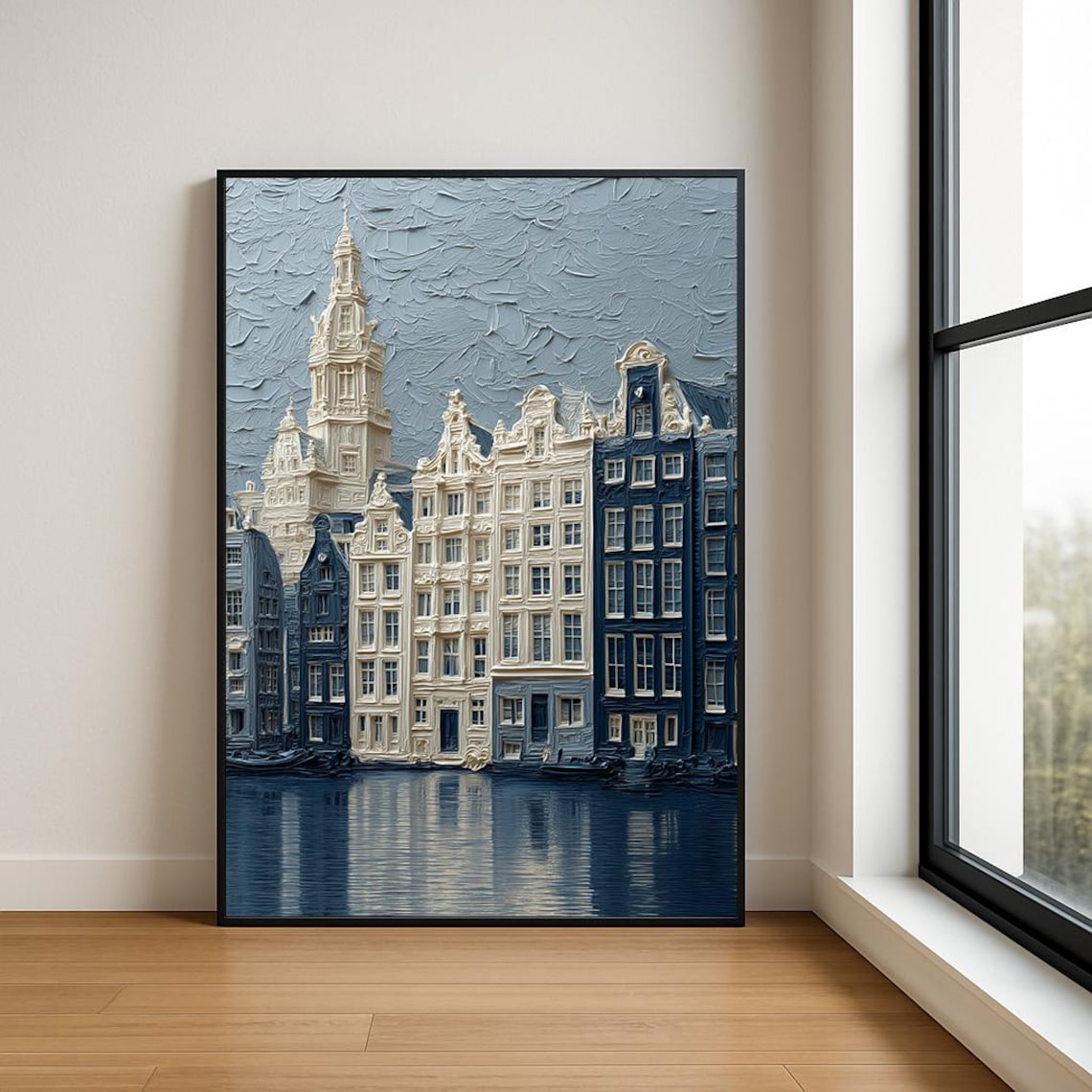 Amsterdam Canal Houses Navy Blue Cream Impasto Cityscape Poster