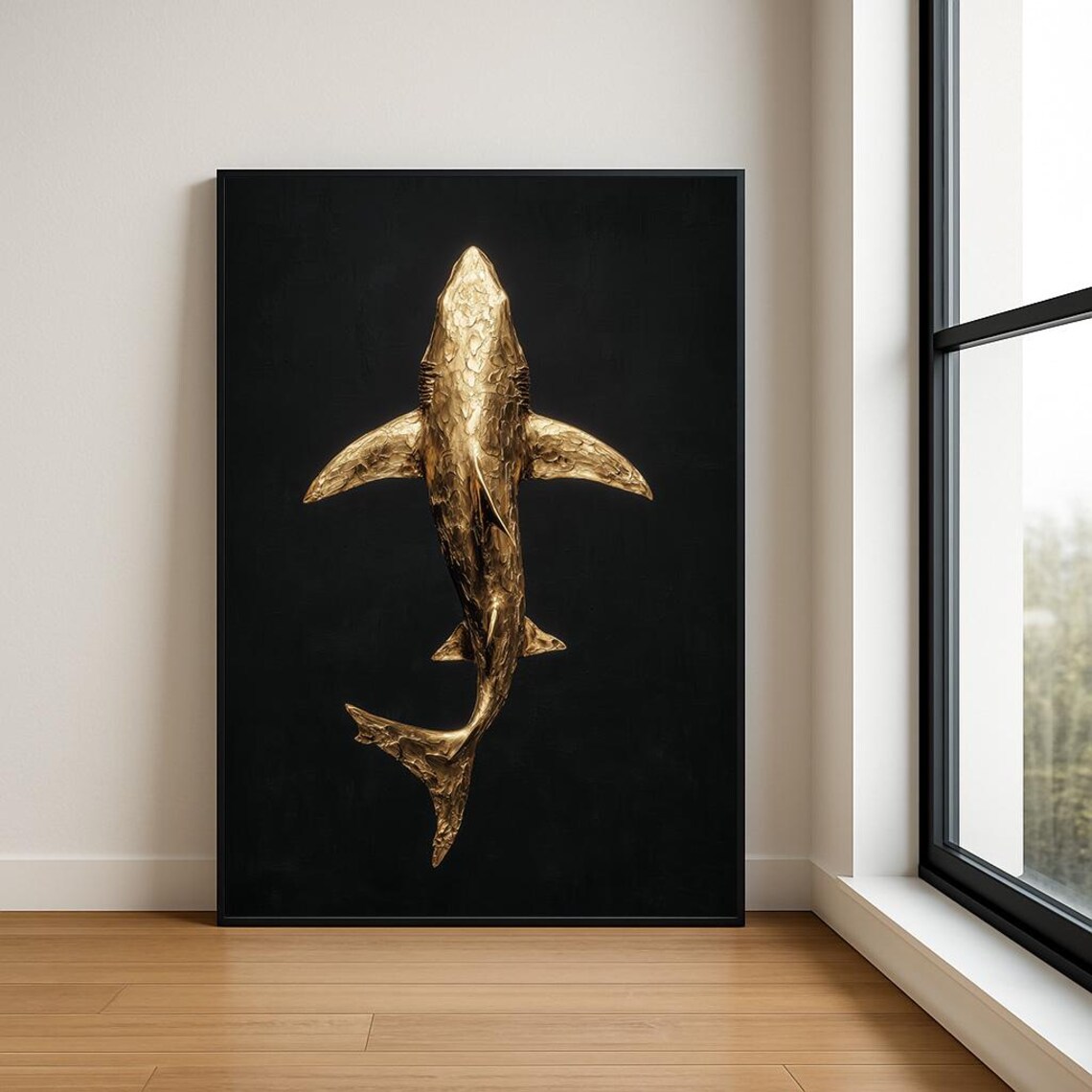 Golden Shark Impasto Oil Painting Ocean Animal Portrait Black Poster
