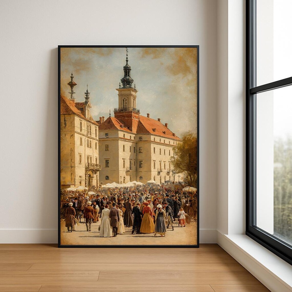 Old European Town Hall Square Festival Crowd Vintage Wall Art