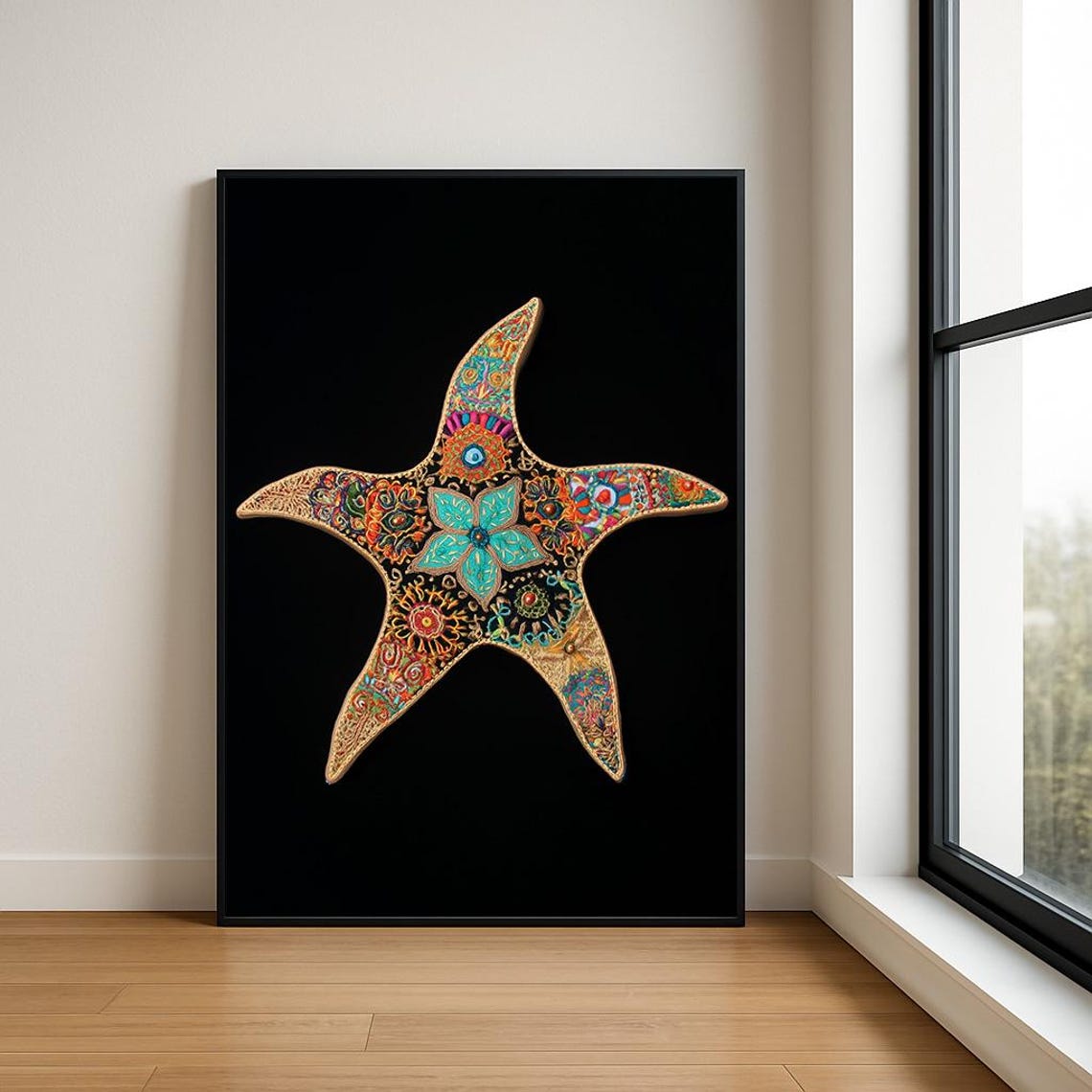 Embroidered Starfish Colorful Patterned Black Ocean Wall Art