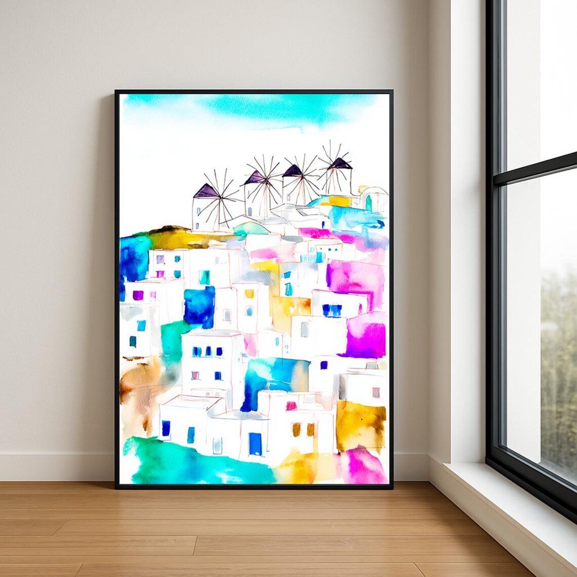 Greek Island Windmills White Village Colorful Watercolor Poster