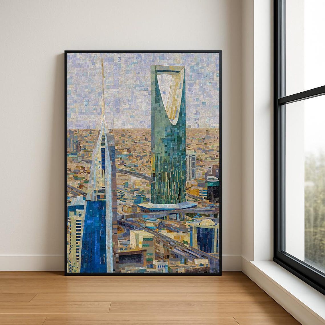 Modern Skyscraper Inverted V Tower Desert City Mosaic Art Poster