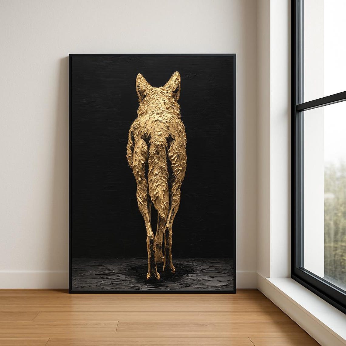 Golden Wolf Walking Away Black Background Textured Impasto Wall Art