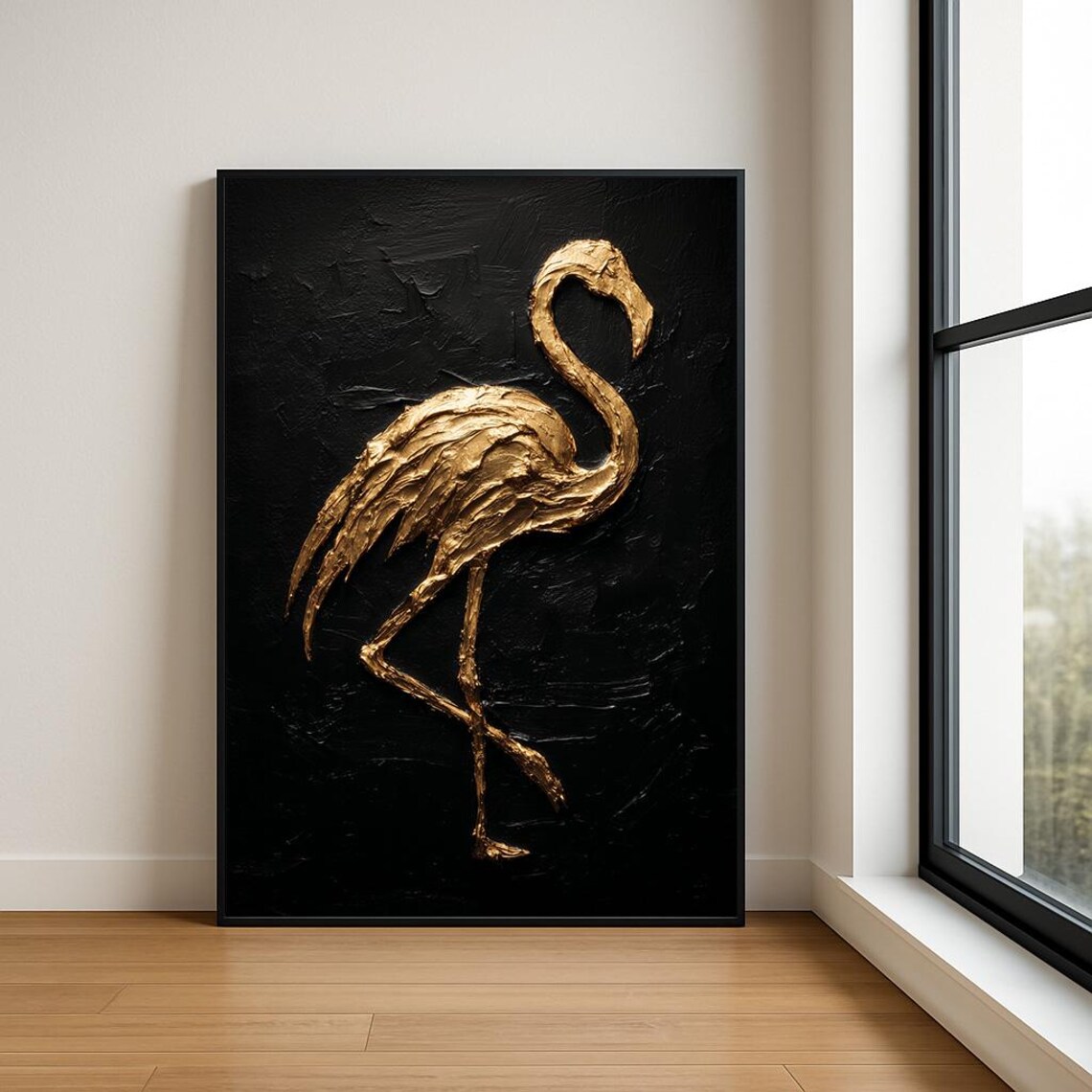 Golden Flamingo Black Background Textured Impasto Oil Painting Wall Art