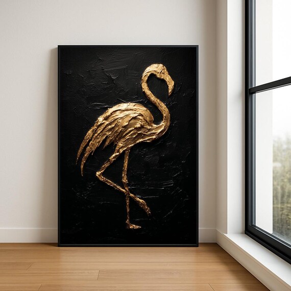 Golden Flamingo Black Background Textured Impasto Oil Painting Wall Art
