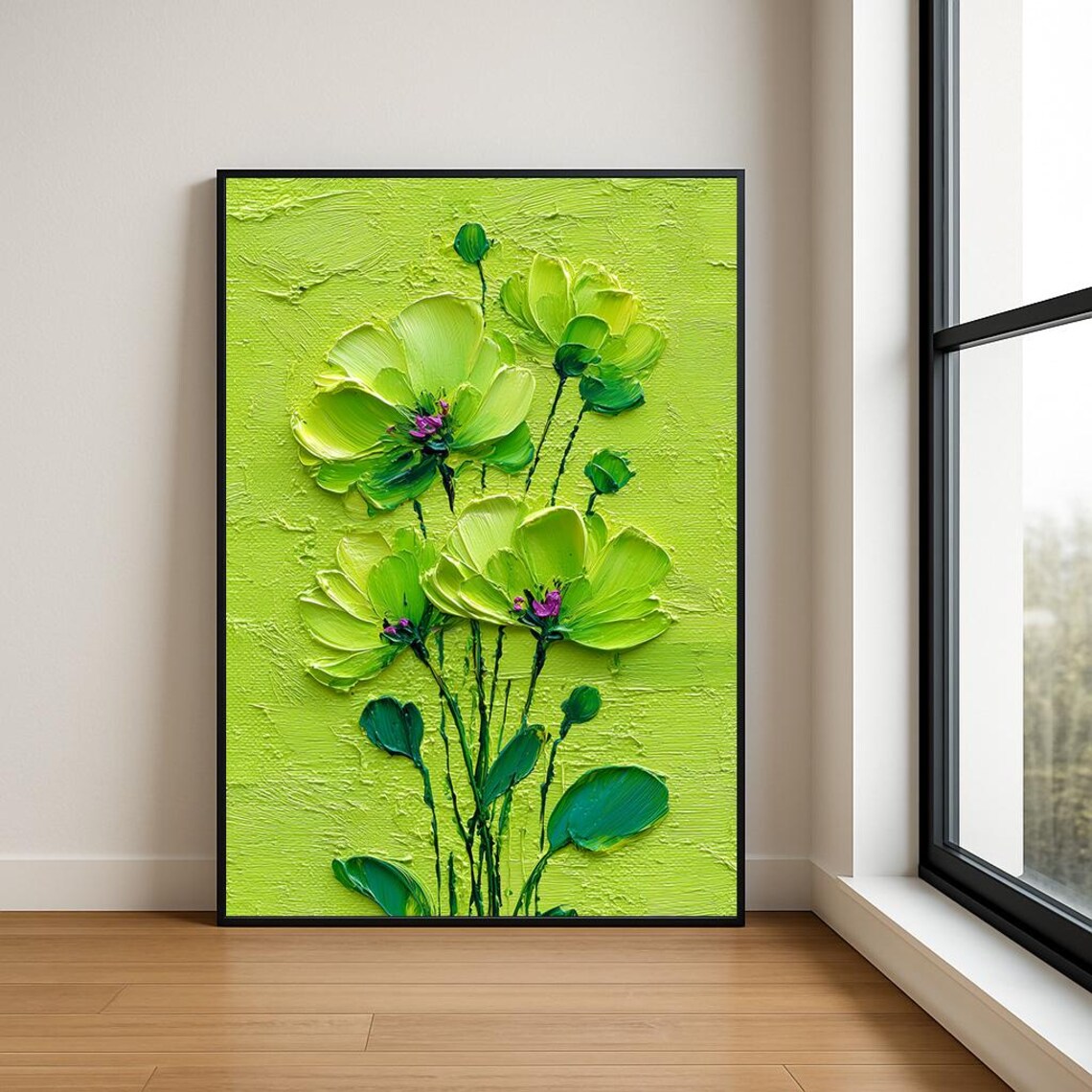 Lime Green Impasto Flower Oil Painting Textured Floral Wall Art