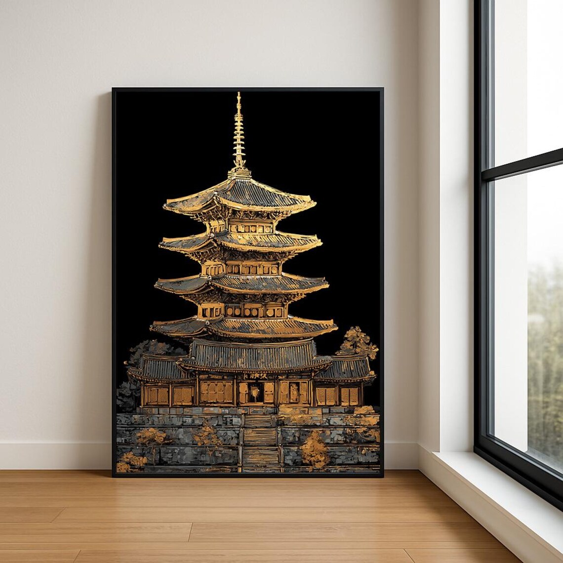 Golden Five Story Pagoda Temple on Black Dramatic Art Poster