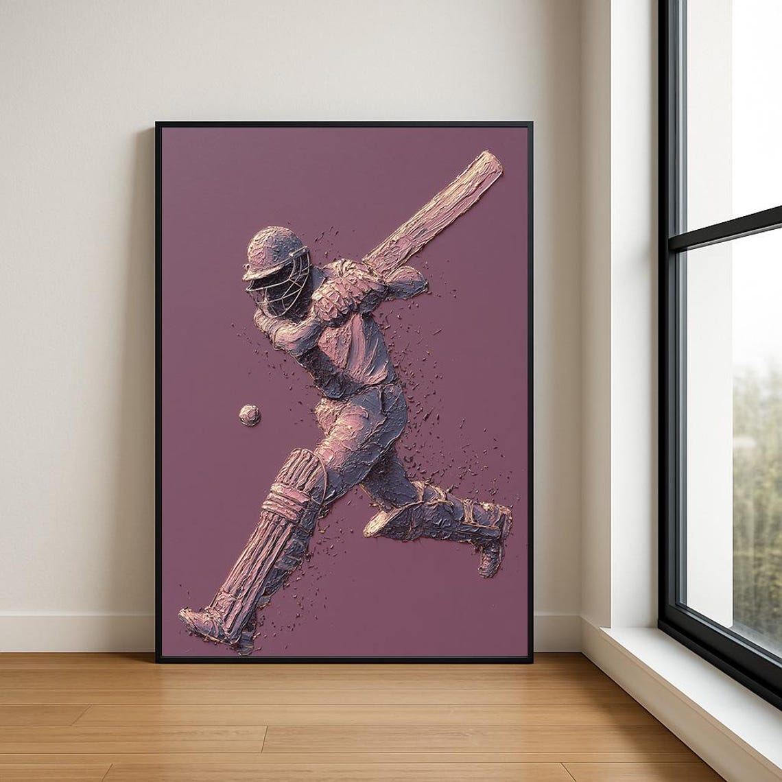 Cricket Batsman Mauve Sculptural Relief Textured Modern Art Poster