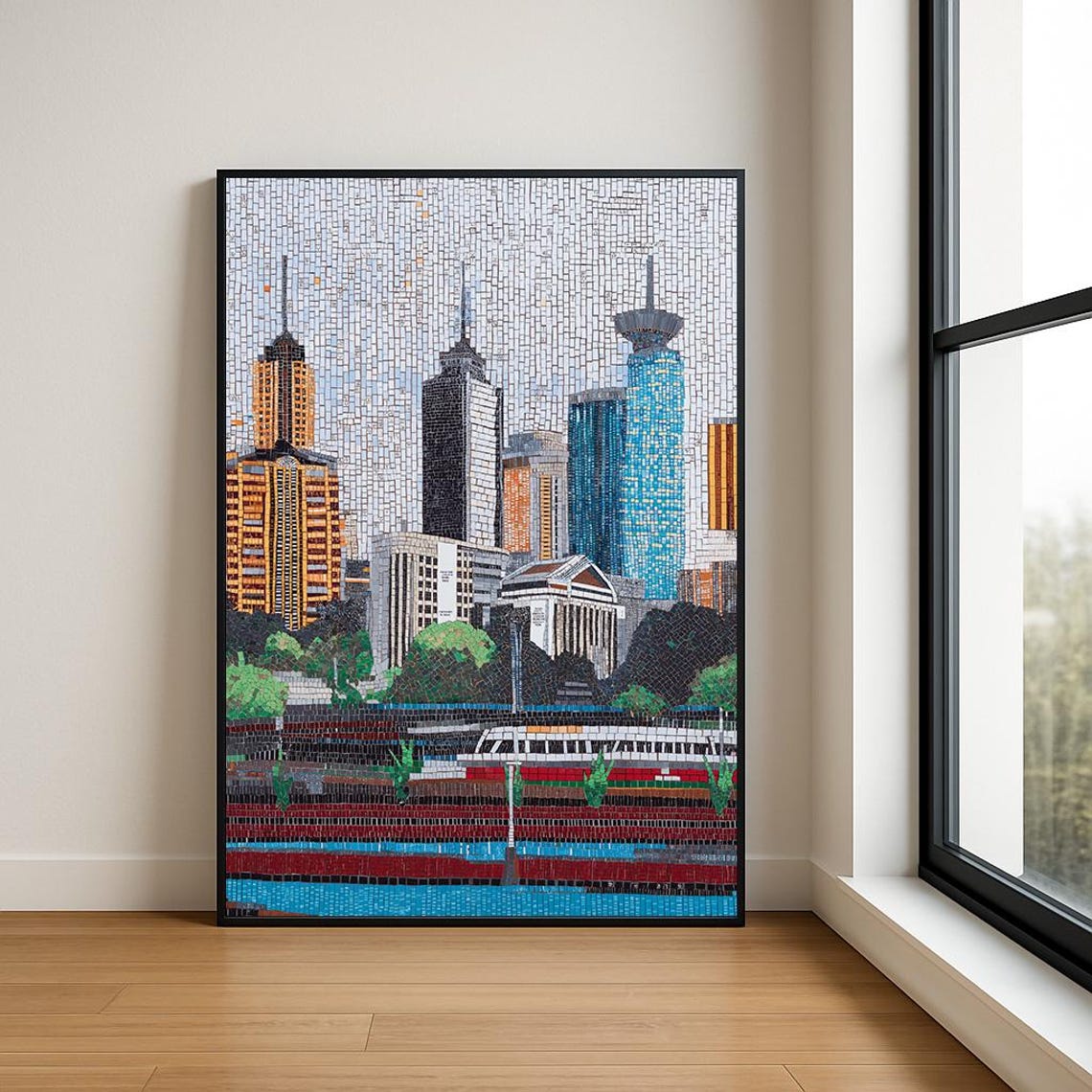Downtown Skyline Mosaic Tile Art Modern Cityscape Painting Poster