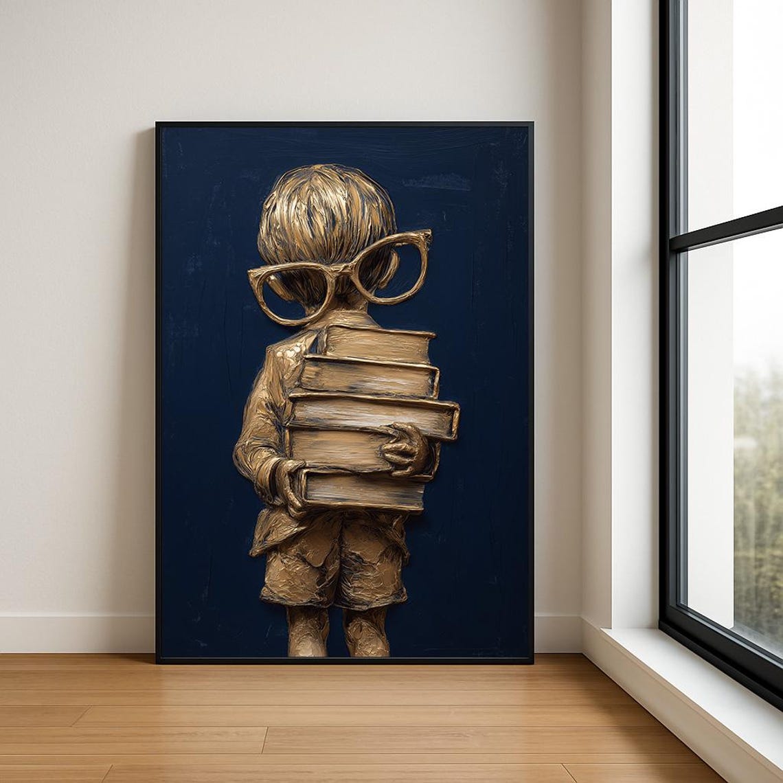 Golden Boy with Glasses Stack of Books Navy Impasto Art Poster