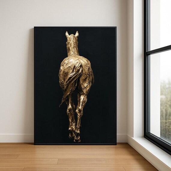 Golden Horse Rear View Oil Painting Black Background Equestrian Poster