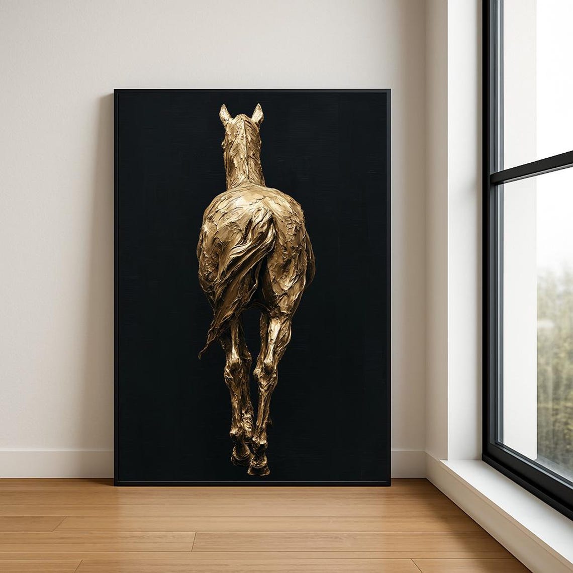 Golden Horse Rear View Oil Painting Black Background Equestrian Poster