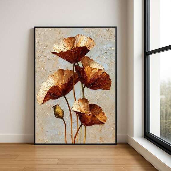 Burnt Orange Poppy Blooms Impasto Cream Textured Floral Art Poster