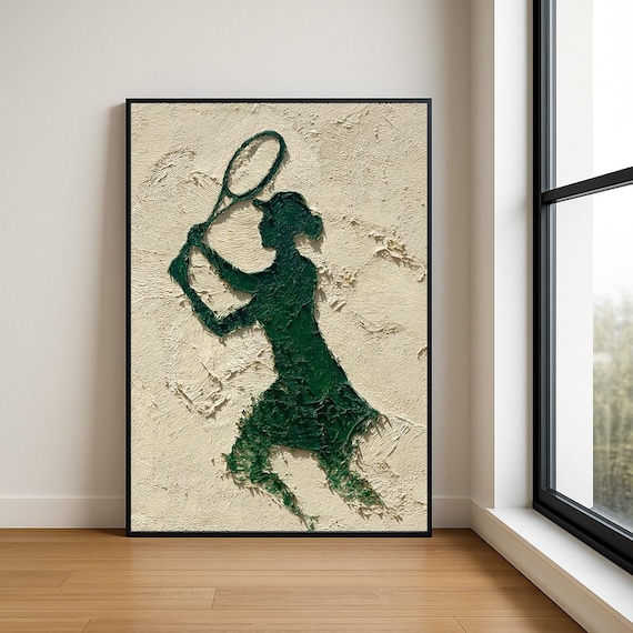 Green Tennis Player Serve Cream Impasto Textured Sports Poster
