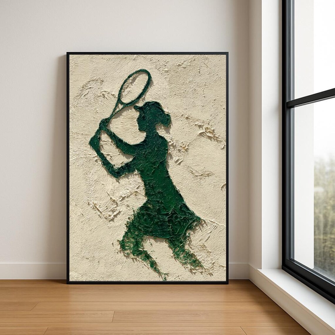 Green Tennis Player Serve Cream Impasto Textured Sports Poster