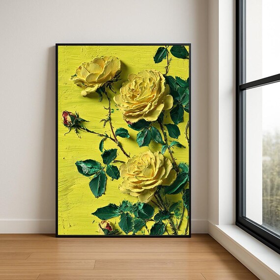 Yellow Roses Impasto Thick Textured Floral Oil Painting Poster
