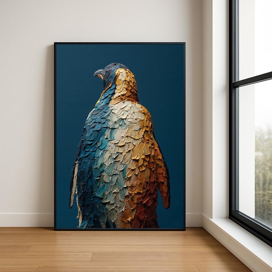Penguin Impasto Oil Painting Blue Orange Textured Bird Art Poster