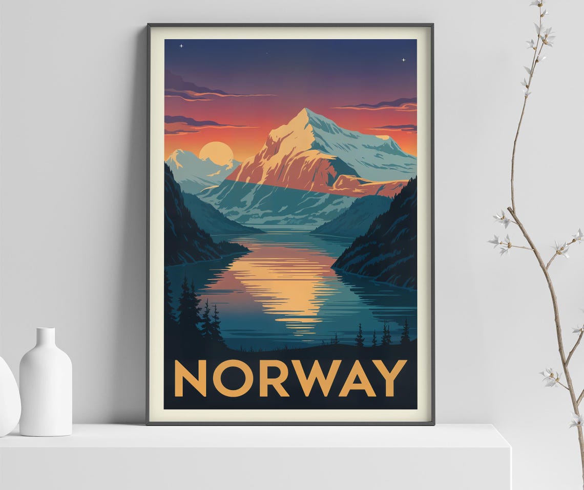 Norway Snowy Fjord Mountain Sunset Reflection Vintage Travel Poster