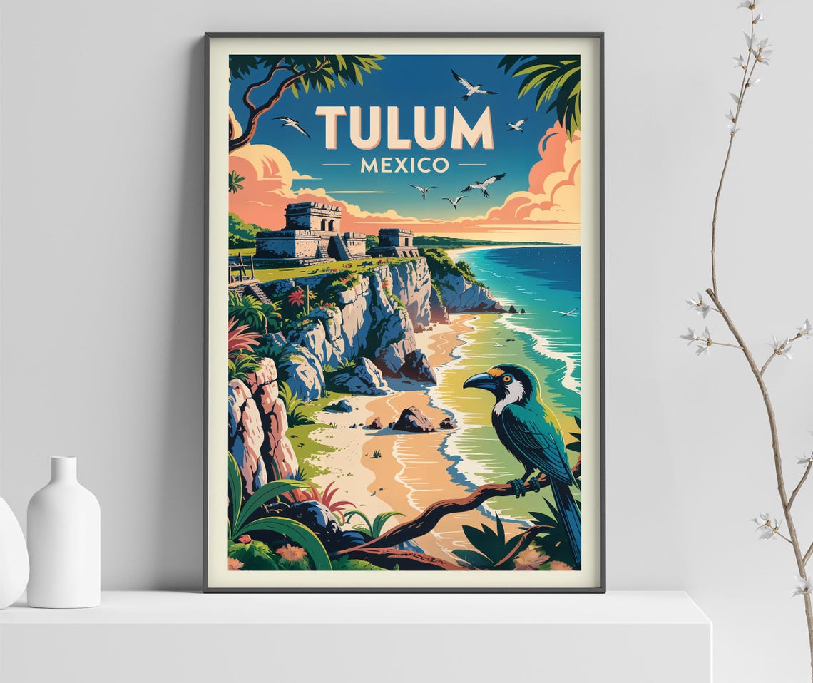 Tulum Mexico Mayan Ruins Beach Tropical Bird Vintage Travel Poster