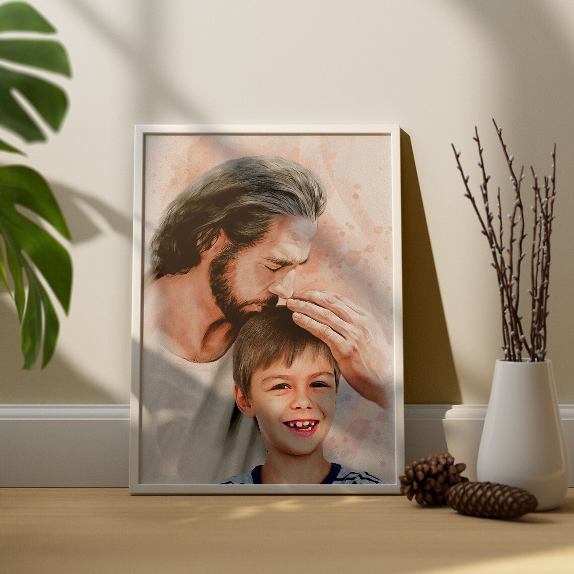 Jesus Kissing a Smiling Girl Soft Blush Watercolor Personalized Poster - Image 5