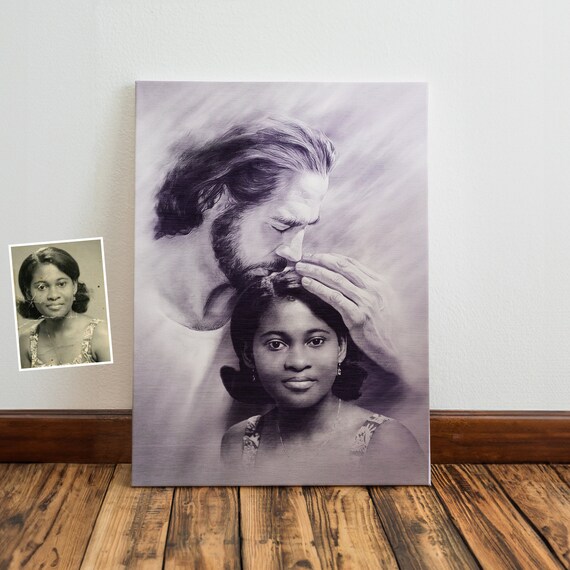 Jesus Blessing a Young Woman Lavender Pencil Restored Photo Art Poster