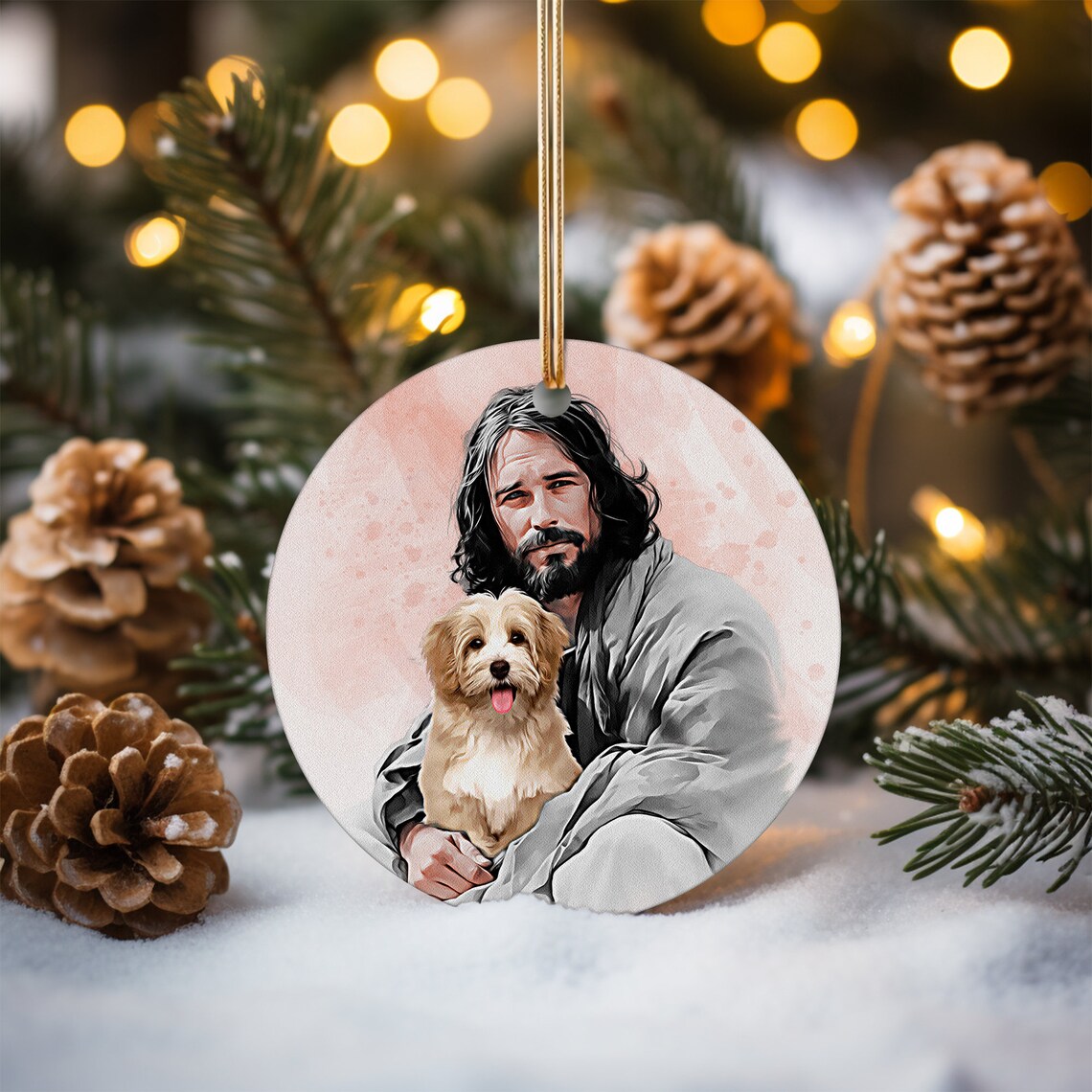 Jesus Holding a Small Dog in Soft Pink Watercolor Ornament Style Poster - Image 4