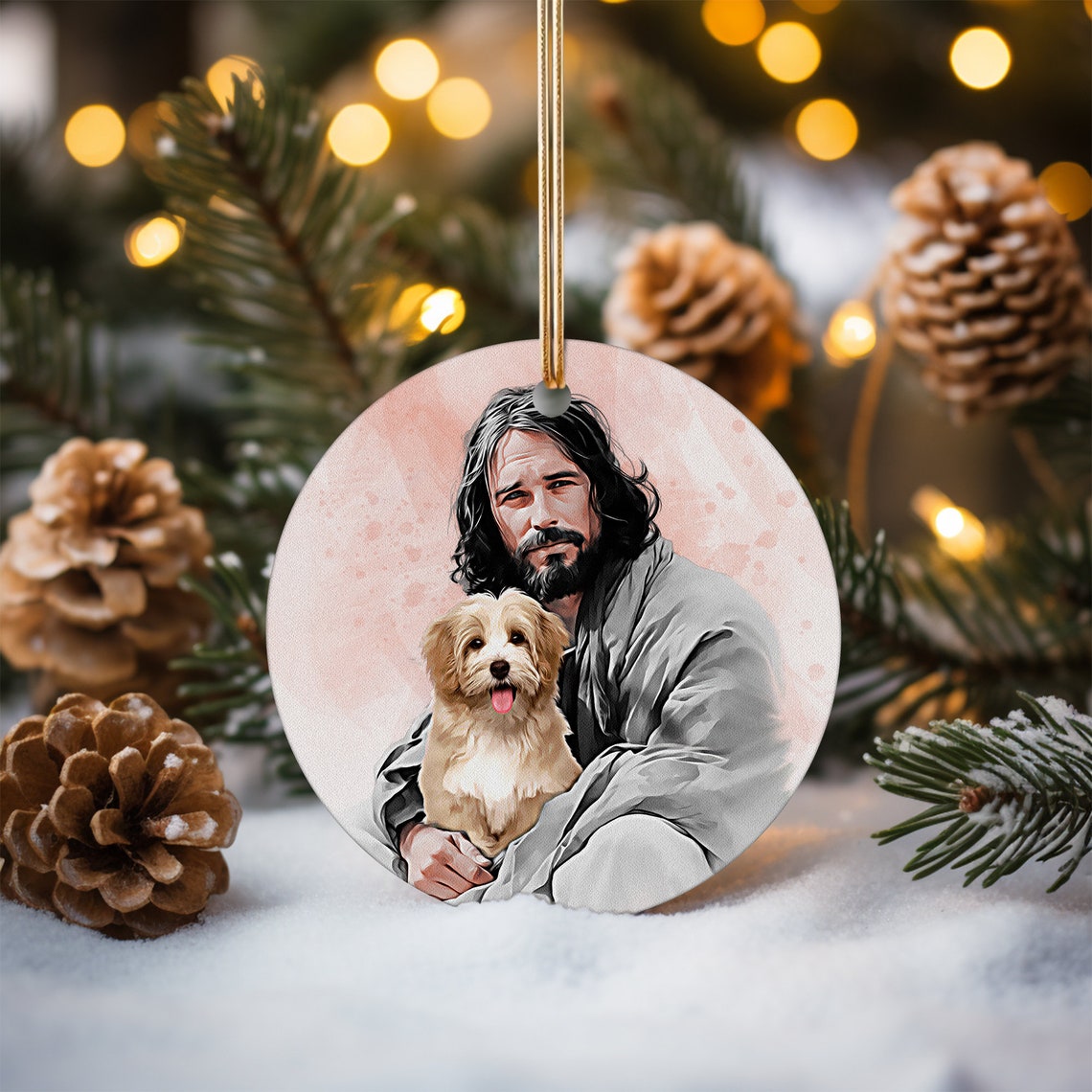 Personalized Safe In The Arms Of God Watercolor Ornament Jesus Holding Dog Memorial Xmas Gift Child And Dogs Decor Christ And Dog Art - Image 4