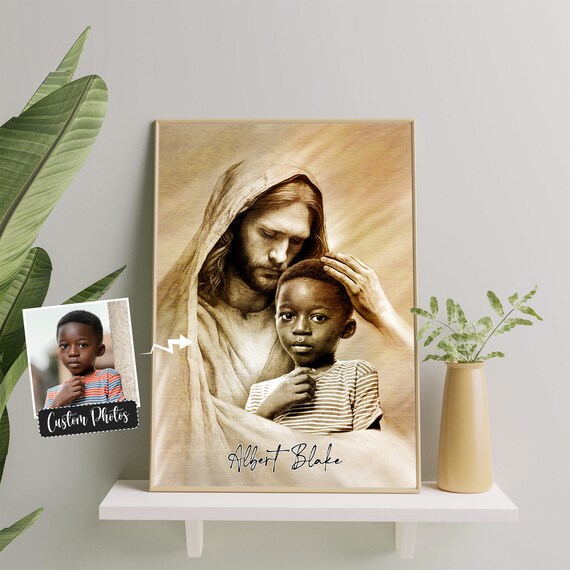 Jesus Embracing a Young Boy Sepia Pencil Personalized Memorial Poster