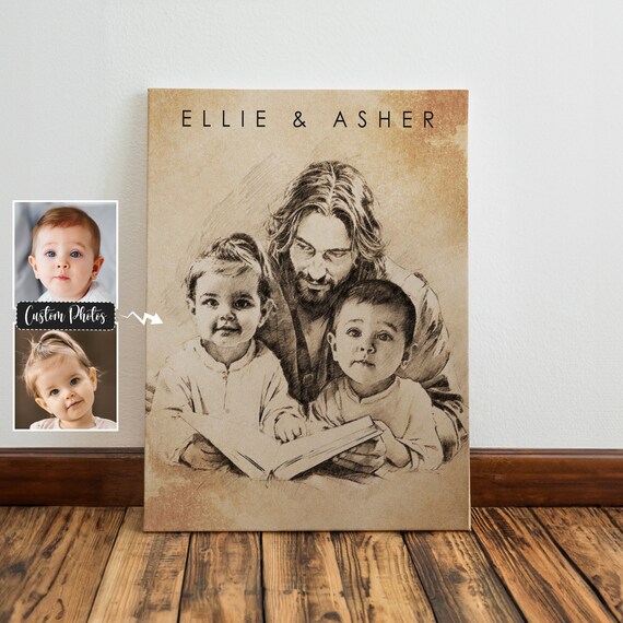 Jesus Reading with Two Children in Warm Sepia Pencil Sketch Canvas Poster