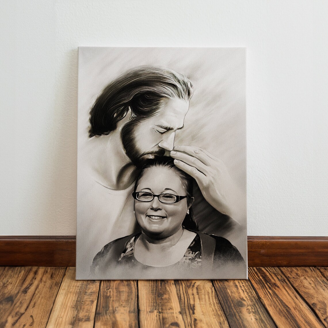 Jesus Blessing an Elderly Father Black and White Sketch Memorial Poster - Image 3