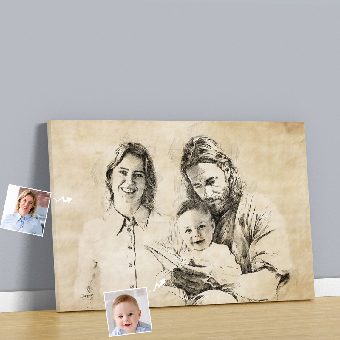 Custom Pencil Sketch of Mom Baby and Jesus Reading Together Wall Art - Image 3