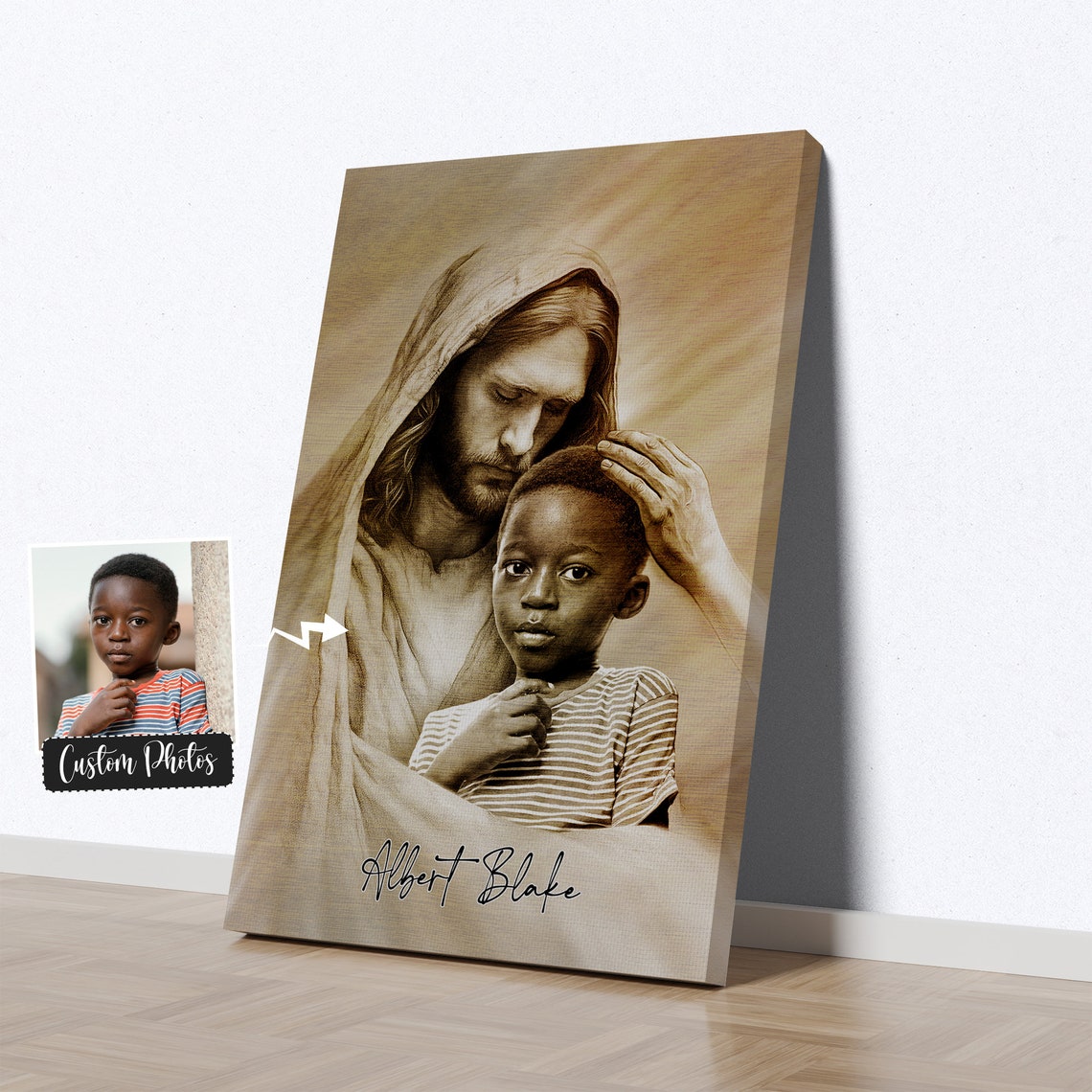 Jesus Embracing a Young Boy Sepia Pencil Personalized Memorial Poster - Image 4