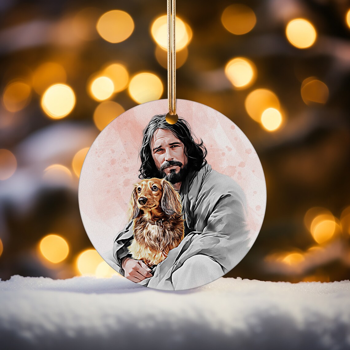 Jesus Holding a Small Dog in Soft Pink Watercolor Ornament Style Poster - Image 6
