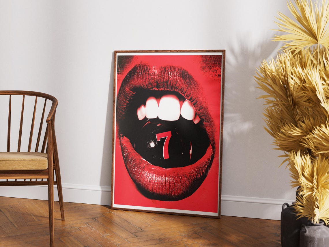 Red Lips With Lucky 7 Billiard Ball 80s Retro Pop Art Poster - Image 2