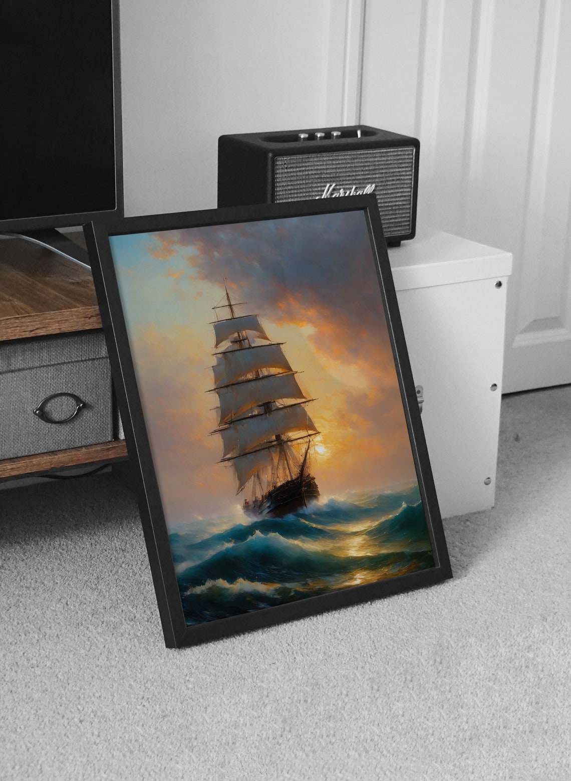 Tall Ship Full Sails Stormy Sunset Sea Classic Maritime Art Print - Image 2