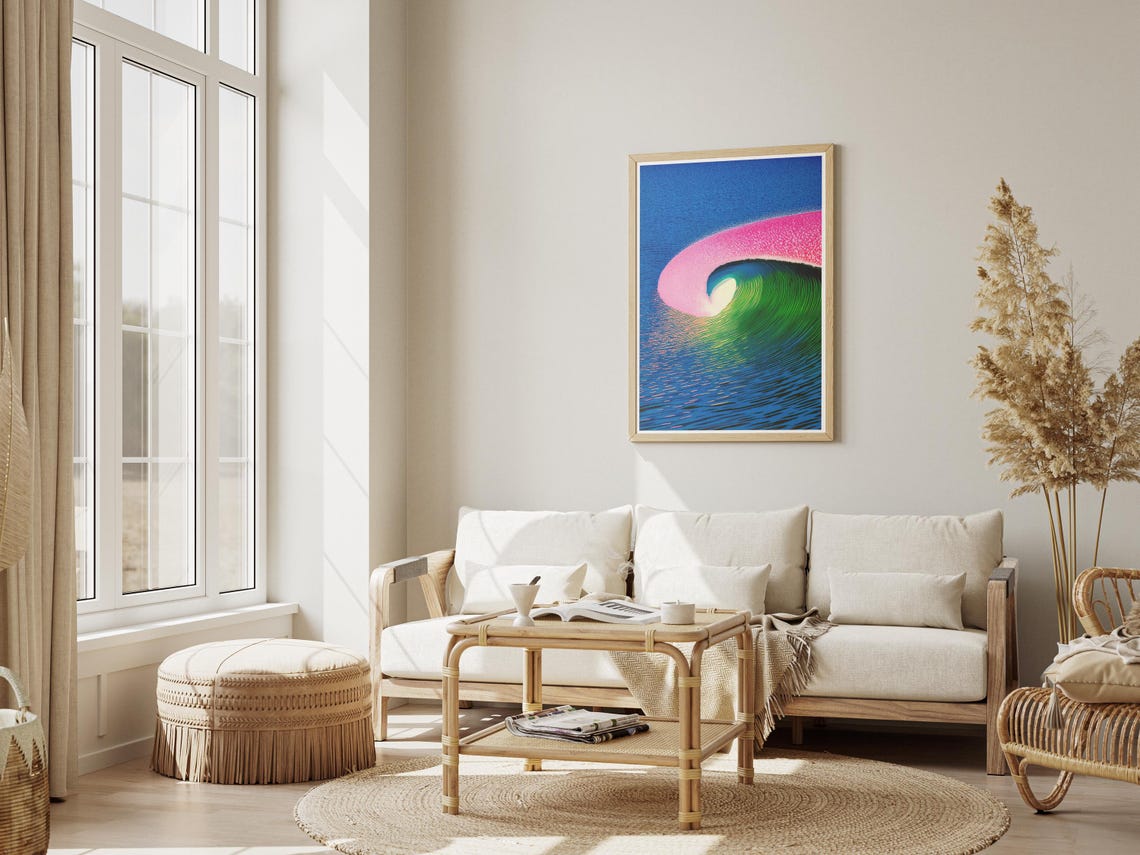 Neon Pink Surf Wave Ocean Barrel Beach House Coastal Art Poster - Image 2
