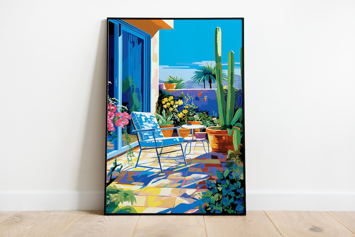 Sunny Patio With Bold Chairs and Cactus Fauvist Pop Art Poster