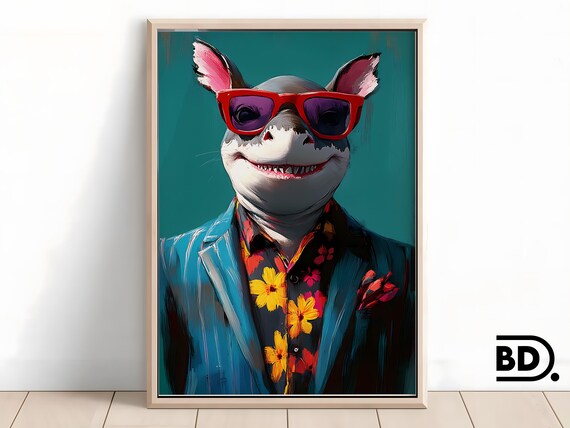 Smiling Shark in Red Sunglasses and Suit Quirky Portrait Poster