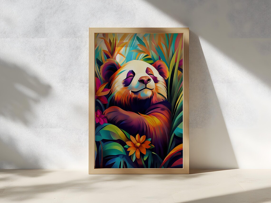 Sleepy Smiling Panda in a Tropical Flower Jungle Animal Poster - Image 2